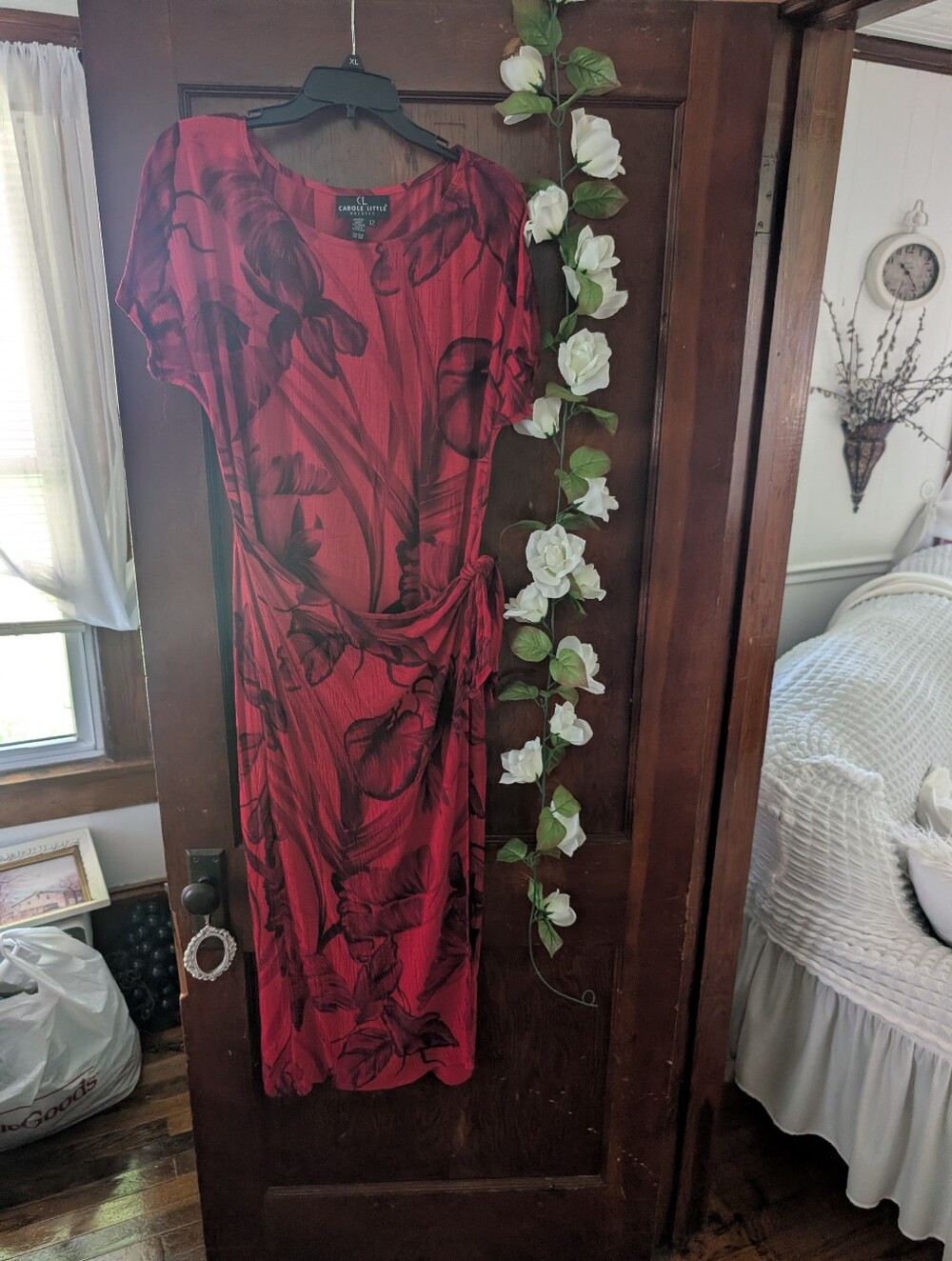 Carole Little Red & Black Floral Tie-Waist  Faux Wrap Dress 12